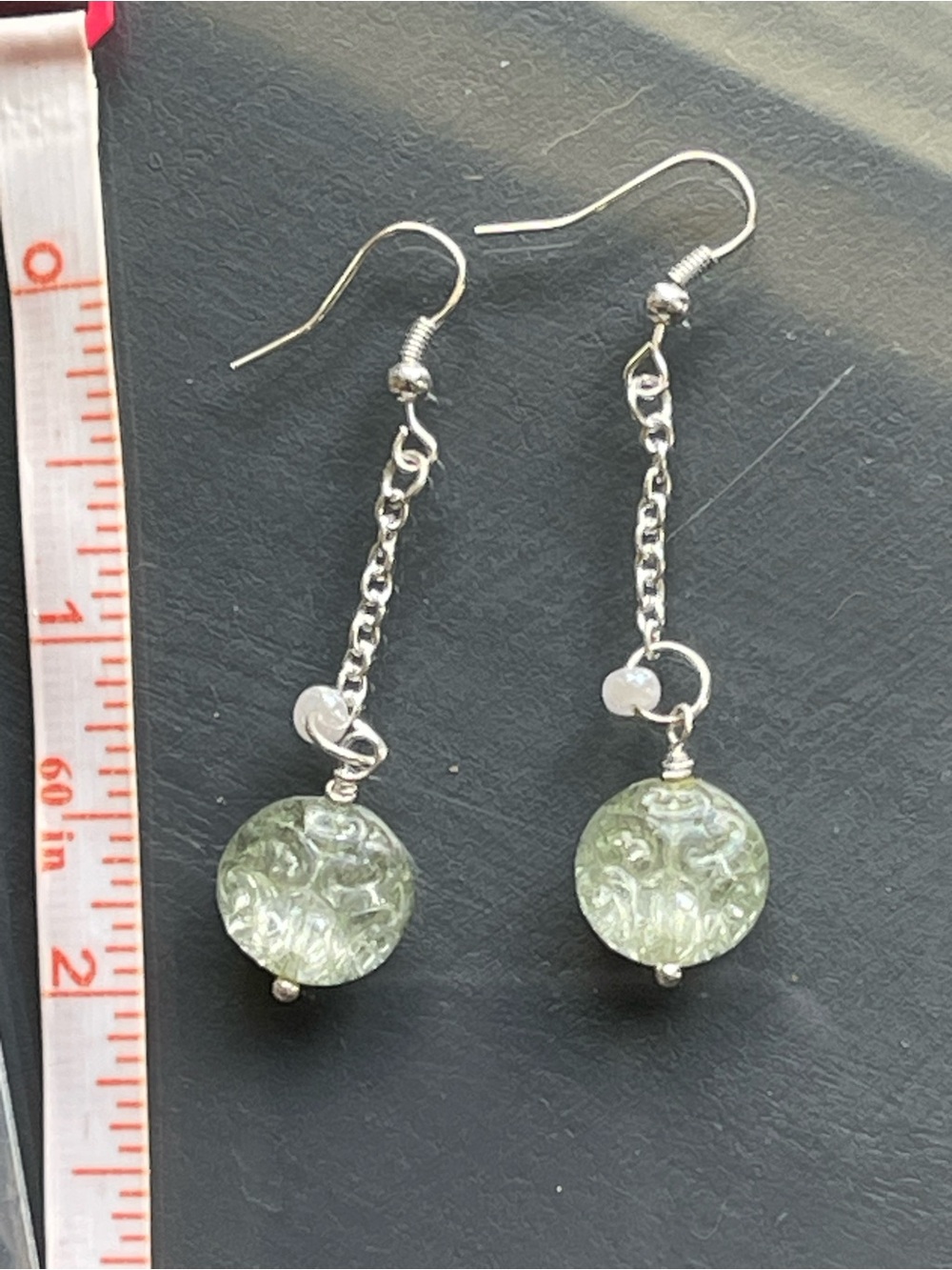 Silver Drop Earrings with Light Green Carved Glass Beads